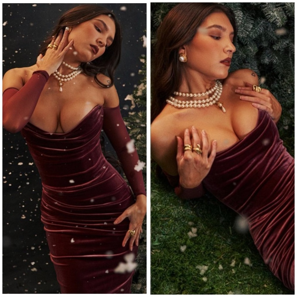 House of CB Burgundy Velvet Off-Shoulder Bodycon Dress